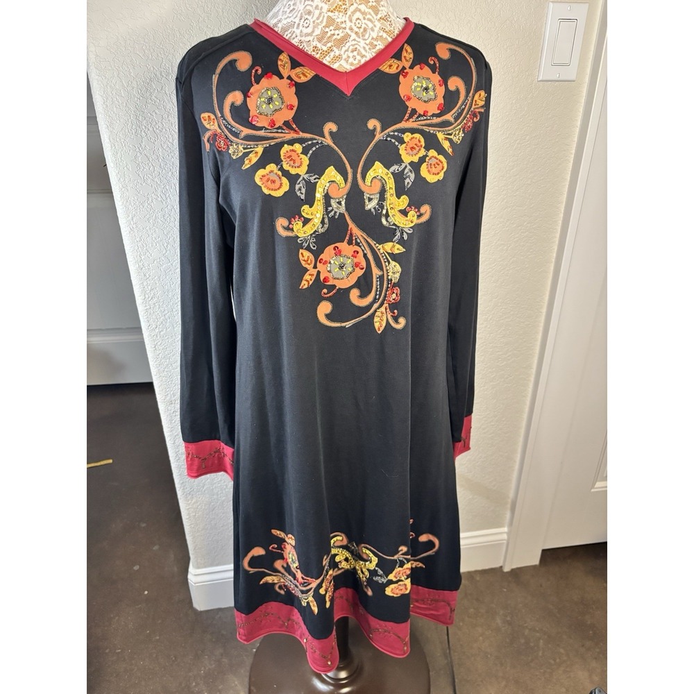Double D Ranch Dress Black Floral Beaded Midi Medium Long Sleeve Boho Western